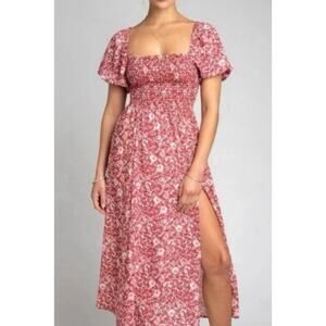 RESA Kaia Floral Smocked Midi Dress Sz M Cottagecore Slit Romantic